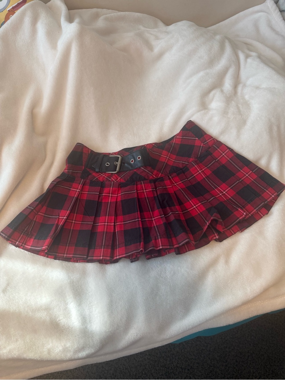 No Boundaries Red and Black Plaid Pleated Mini Skirt with Faux-Leather Belt